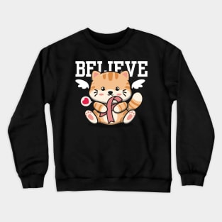 Cute Cat Holding Pink Breast Cancer Awareness Ribbon Crewneck Sweatshirt